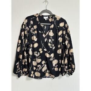 WITCHERY Floral Pintuck Blouse SIZE 8 Long Sleeve Shirt Top Navy Yellow EUC